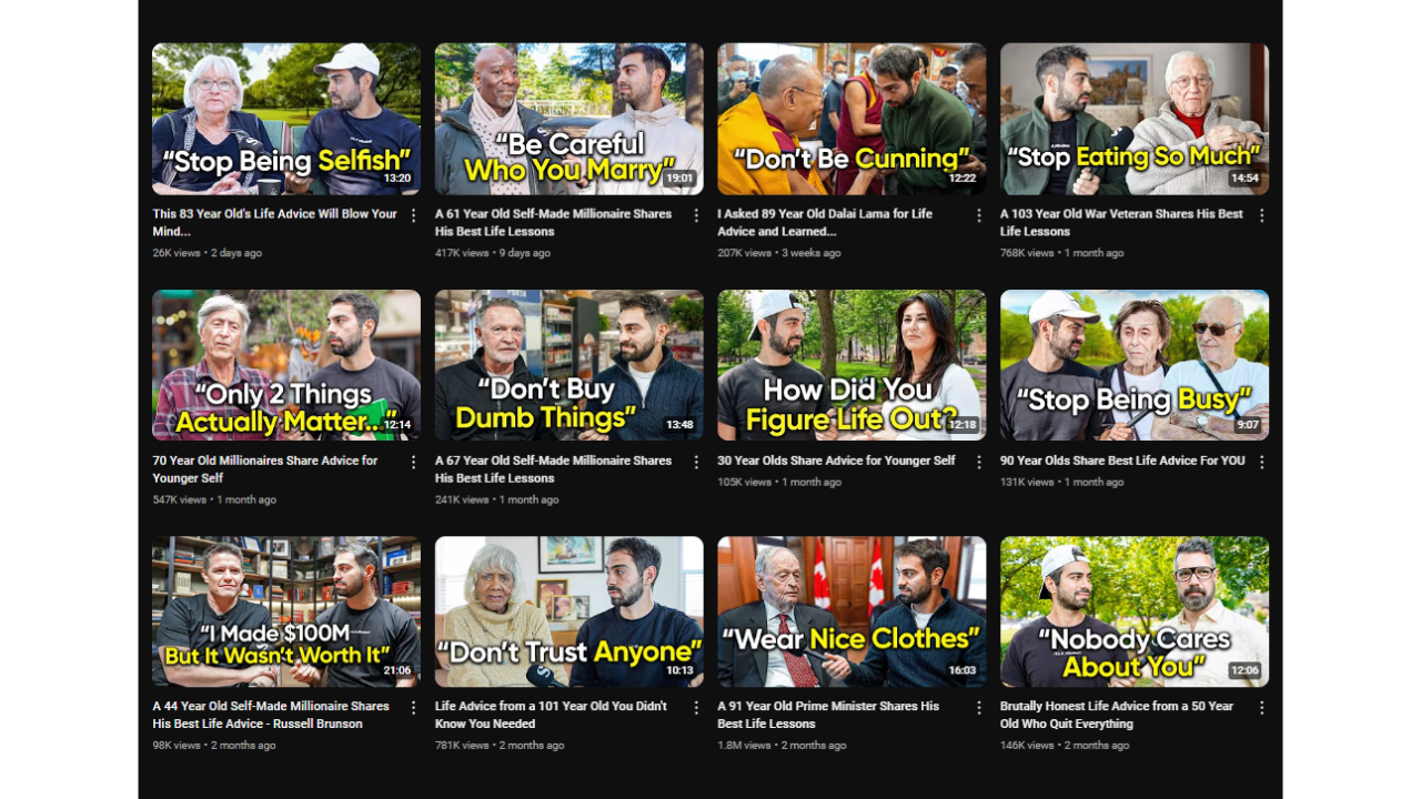 A grid of twelve YouTube video thumbnails from the "Sprouht" channel. Each thumbnail features a person or people being interviewed and text overlays with phrases like "Stop Being Selfish," "Be Careful Who You Marry," "Don't Be Cunning," "Stop Eating So Much," "Only 2 Things Actually Matter...," "Don't Buy Dumb Things," "How Did You Figure Life Out," "Stop Being Busy," "I Made $100M- But It Wasn't Worth It," "Don't Trust Anyone," "Wear Nice Clothes," and "Nobody Cares About You." Video durations and view counts are listed below each thumbnail. The videos feature interviews with people of various ages, including elderly individuals and successful people, sharing their life experiences and wisdom.