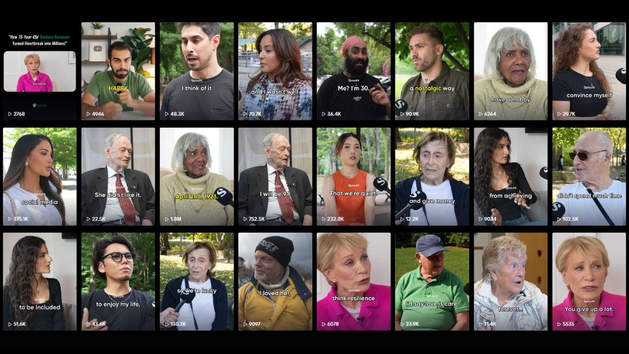 A grid of 20 YouTube Shorts thumbnails. Each thumbnail features a different person being interviewed on the street. Text overlays on each thumbnail include phrases like "HAPPY," "I think of it," "Me? I'm 30," "a nostalgic way," "convince myself," "social media," "She can't like it," "I will be 90," "That we're quiet," "from achieving," "to be included," "to enjoy my life," "I loved him," "think resilience," "Ta say love is care," and "You give up a lot." View counts are listed below each thumbnail, ranging from 2.76K to 752.5K. The thumbnails also include video durations and upload dates.