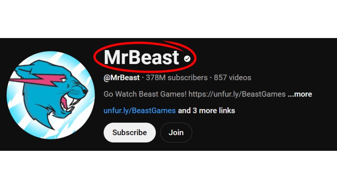 A dark-themed YouTube channel banner for MrBeast, featuring his profile picture, channel name, subscriber count, video count, and a link to his Beast Games channel. The banner also includes "Subscribe" and "Join" buttons. The channel name "MrBeast" is circled in red to highlight it.