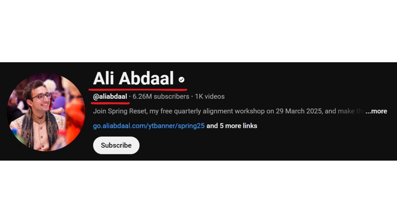 A dark-themed YouTube channel banner for Ali Abdaal. The profile picture shows Ali Abdaal wearing glasses and a patterned scarf. The channel name "Ali Abdaal" is in white letters, followed by a black dot. Below is the channel username "@aliabdaal", the subscriber count (6.26 million), and the video count (1K). The banner also includes a call to action for his "Spring Reset" workshop on March 29, 2025, a link to the workshop, and a "Subscribe" button.