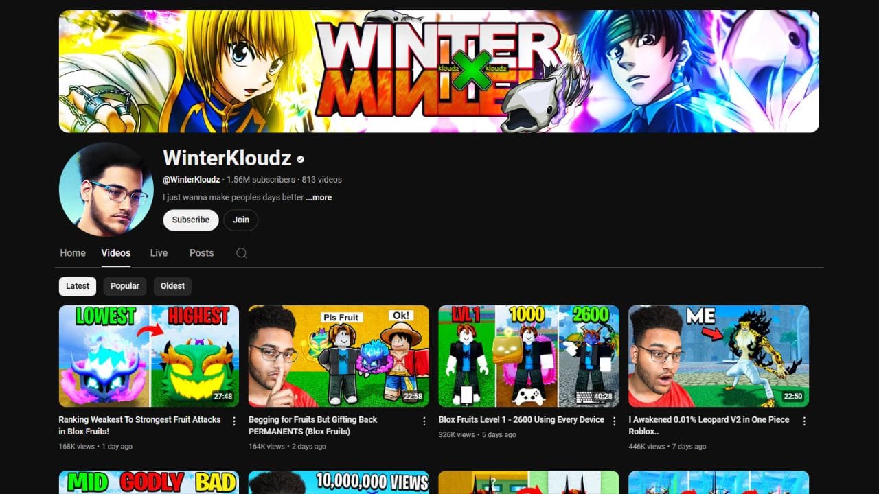 A dark-themed YouTube channel page for WinterKloudz. The channel banner features anime characters and the text "WINTER MIN K LOUDZ" with a green "X" logo. The profile picture shows a young man with glasses. The channel name "WinterKloudz" is in white letters, followed by a black dot. Below is the channel username "@WinterKloudz", the subscriber count (1.56 million), and the video count (813). The banner also includes the text "I just wanna make peoples days better ...more", a "Subscribe" button, and a "Join" button. The channel page displays tabs for "Home," "Videos," "Live," "Posts," and a search icon. Below these tabs are sorting options for "Latest," "Popular," and "Oldest." The video thumbnails show gameplay footage and the channel's host. The current location is London, England, United Kingdom.