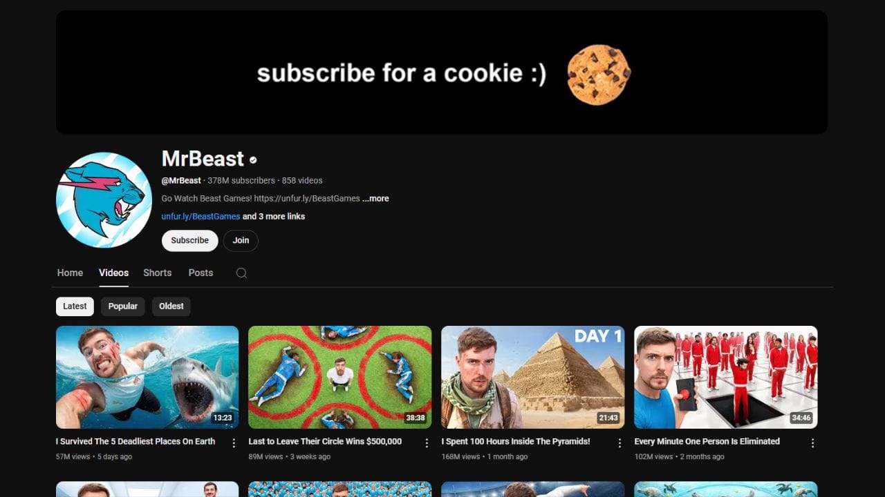 A dark-themed YouTube channel page for MrBeast. The channel banner features a cartoonish blue jaguar head and the text "subscribe for a cookie :)" with a cookie image. The profile picture also features the blue jaguar head. The channel name "MrBeast" is in white letters, followed by a black dot. Below is the channel username "@MrBeast", the subscriber count (378 million), and the video count (858). The banner also includes a link to his Beast Games channel, a "Subscribe" button, and a "Join" button. The channel page displays tabs for "Home," "Videos," "Shorts," "Posts," and a search icon. Below these tabs are sorting options for "Latest," "Popular," and "Oldest." The video thumbnails show various challenges and stunts, with titles like "I Survived The 5 Deadliest Places On Earth," "Last to Leave Their Circle Wins $500,000," "I Spent 100 Hours Inside The Pyramids!," and "Every Minute One Person Is Eliminated."