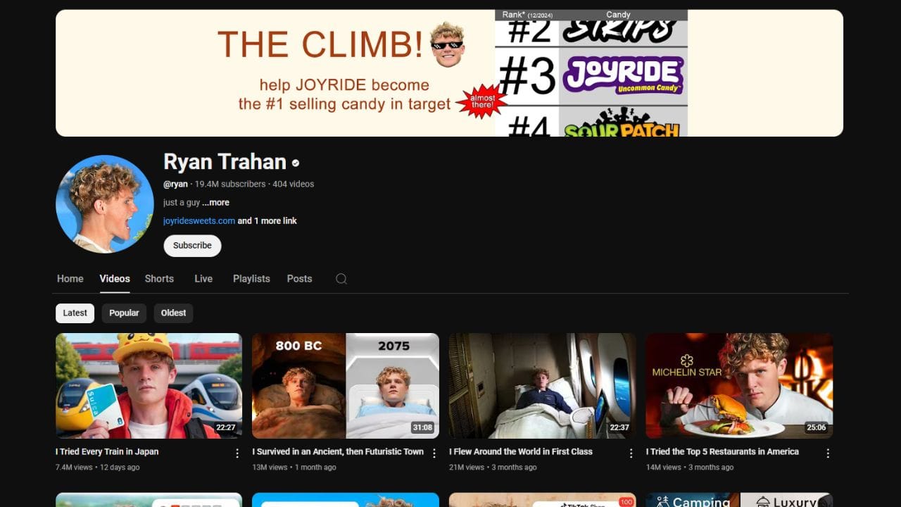 A dark-themed YouTube channel page for Ryan Trahan. The channel banner features a promotion for "JOYRIDE" candy, with the text "THE CLIMB!" and "help JOYRIDE become the #1 selling candy in target." The banner also includes a cartoonish image of Ryan Trahan and a list of candy brands. The profile picture shows a close-up of Ryan Trahan. The channel name "Ryan Trahan" is in white letters, followed by a black dot. Below is the channel username "@ryan", the subscriber count (19.4 million), and the video count (404). The banner also includes the text "just a guy ...more", a link to "joyridesweets.com", and a "Subscribe" button. The channel page displays tabs for "Home," "Videos," "Shorts," "Live," "Playlists," "Posts," and a search icon. Below these tabs are sorting options for "Latest," "Popular," and "Oldest." The video thumbnails show Ryan Trahan traveling and trying different foods, with titles like "I Tried Every Train in Japan," "I Survived in an Ancient, then Futuristic Town," "I Flew Around the World in First Class," and "I Tried the Top 5 Restaurants in America."