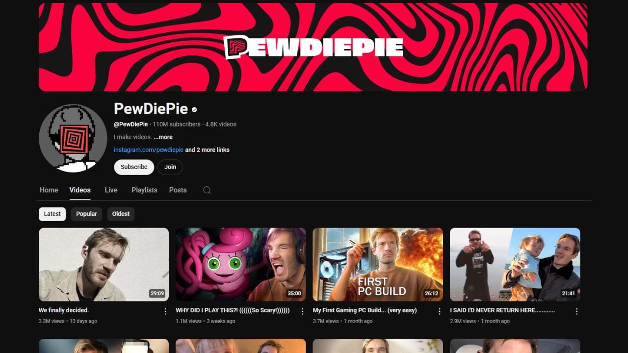 A dark-themed YouTube channel page for PewDiePie. The channel banner features a red and black abstract pattern with the text "DEWDIEPIE" in white letters. The profile picture is a black and white image with a pixelated design. The channel name "PewDiePie" is in white letters, followed by a black dot. Below is the channel username "@PewDiePie", the subscriber count (110 million), and the video count (4.8K). The banner also includes the text "I make videos ...more", a link to his Instagram account, and "Subscribe" and "Join" buttons. The channel page displays tabs for "Home," "Videos," "Live," "Playlists," "Posts," and a search icon. Below these tabs are sorting options for "Latest," "Popular," and "Oldest." The video thumbnails show various gaming and reaction videos, with titles like "We finally decided...," "WHY DID I PLAY THIS ?! (((( So Scary ! ))))," "My First Gaming PC Build... (very easy)," and "I SAID I'D NEVER RETURN HERE..."