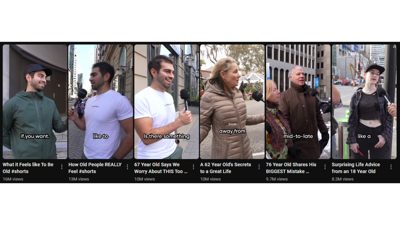 Six vertical video thumbnails, each showing a different person being interviewed on the street. Text overlays on each thumbnail include phrases like "if you want," "like to," "Is there something," "away from," "mid-to-late," and "like a." The video titles are "What it Feels Like To Be Old #shorts," "How Old People REALLY Feel #shorts," "67 Year Old Says We Worry About THIS Too...," "A 62 Year Old's Secrets to a Great Life," "76 Year Old Shares His BIGGEST Mistake...," and "Surprising Life Advice from an 18 Year Old." View counts are listed below each title, ranging from 8.3M to 16M.