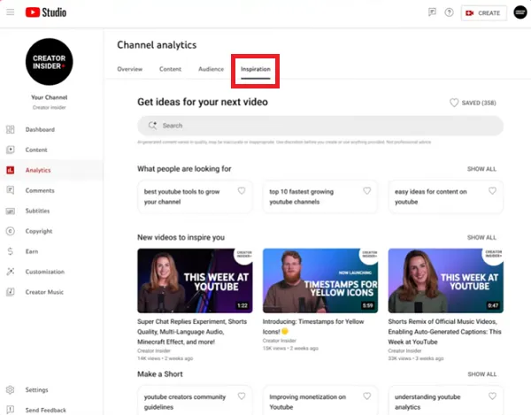Screenshot of the "Inspiration" tab in YouTube Studio's channel analytics. The page displays ideas for video content, including popular search terms like "best youtube tools to grow your channel" and "top 10 fastest growing youtube channels." Several video suggestions are shown, including topics like "Super Chat Replies Experiment" and "Timestamps for Yellow Icons."