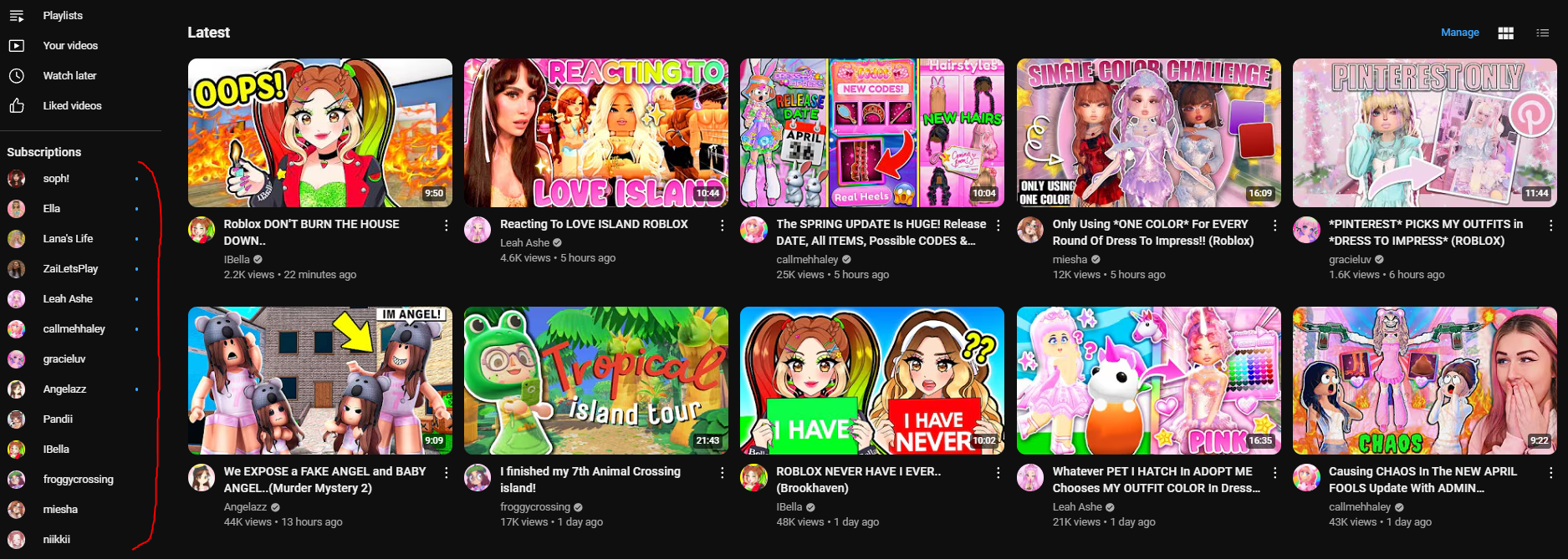 Screenshot of YouTube's "Subscriptions" page showing video thumbnails from Roblox gameplay creators. Thumbnails include videos on "Dress to Impress" challenges, Roblox updates, and game-related content. The creators featured are soph!, Ella, Lana’s Life, Leah Ashe, and more.