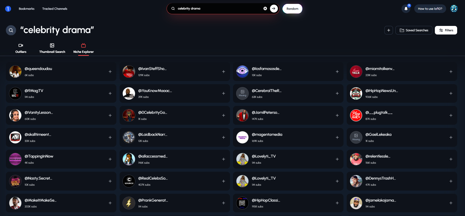 A dark-themed software interface with the search term "celebrity drama" in quotation marks at the top left. The interface displays a list of YouTube channels with their profile pictures, names, and subscriber counts. The channels are likely related to the topic of celebrity drama. The interface also includes several buttons and icons, such as "Outliers," "Thumbnail Search," "Niche Explorer," "Random," "Saved Searches," and "Filters." The tool helps users discover channels on YouTube that focus on celebrity drama.