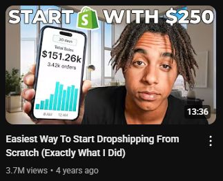 A YouTube video thumbnail featuring Jordan Welch on the right side, looking directly at the camera with a neutral expression. He has light brown skin and brown dreadlocks. On the left side, he is holding up a smartphone displaying a Shopify interface showing "Total Sales" of "$151.26k" and "3.42k orders" over "30 days," accompanied by a bar graph indicating increasing sales. The text "START S WITH $250" is prominently displayed at the top in white letters with a green "S" symbol. The video duration "13:36" is visible in the bottom right corner of the thumbnail. Below the thumbnail, the video title "Easiest Way To Start Dropshipping From Scratch (Exactly What I Did)" is in white letters. Below the title are the view count "3.7M views" and the upload date "4 years ago." The image suggests a tutorial or guide by Jordan Welch on how to start a successful dropshipping business with a small initial investment.