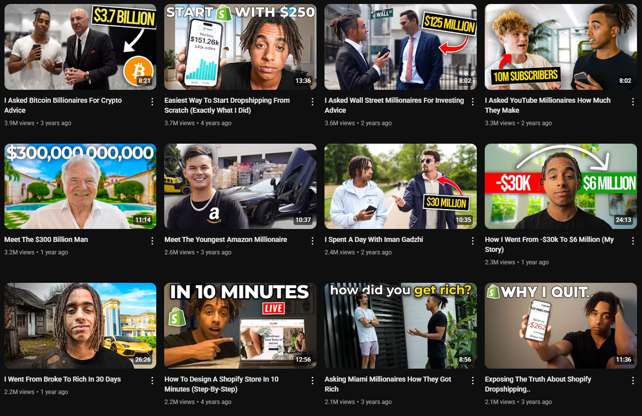 A grid of 12 YouTube video thumbnails from the channel of Jordan Welch. The thumbnails feature Jordan Welch and other individuals, often with text overlays highlighting key figures or topics. The titles of the videos include: "I Asked Bitcoin Billionaires For Crypto Advice," "Easiest Way To Start Dropshipping From Scratch (Exactly What I Did)," "I Asked Wall Street Millionaires For Investing Advice," "I Asked YouTube Millionaires How Much They Make," "Meet The $300 Billion Man," "Meet The Youngest Amazon Millionaire," "I Spent A Day With Iman Gadzhi," "How I Went From -$30k To $6 Million (My Story)," "I Went From Broke To Rich In 30 Days," "How To Design A Shopify Store In 10 Minutes (Step-By-Step) [LIVE]," "Asking Miami Millionaires How They Got Rich," and "Exposing The Truth About Shopify Dropshipping..." The thumbnails suggest a focus on interviews with successful individuals, personal finance journeys, and practical advice for starting online businesses like dropshipping and Shopify stores