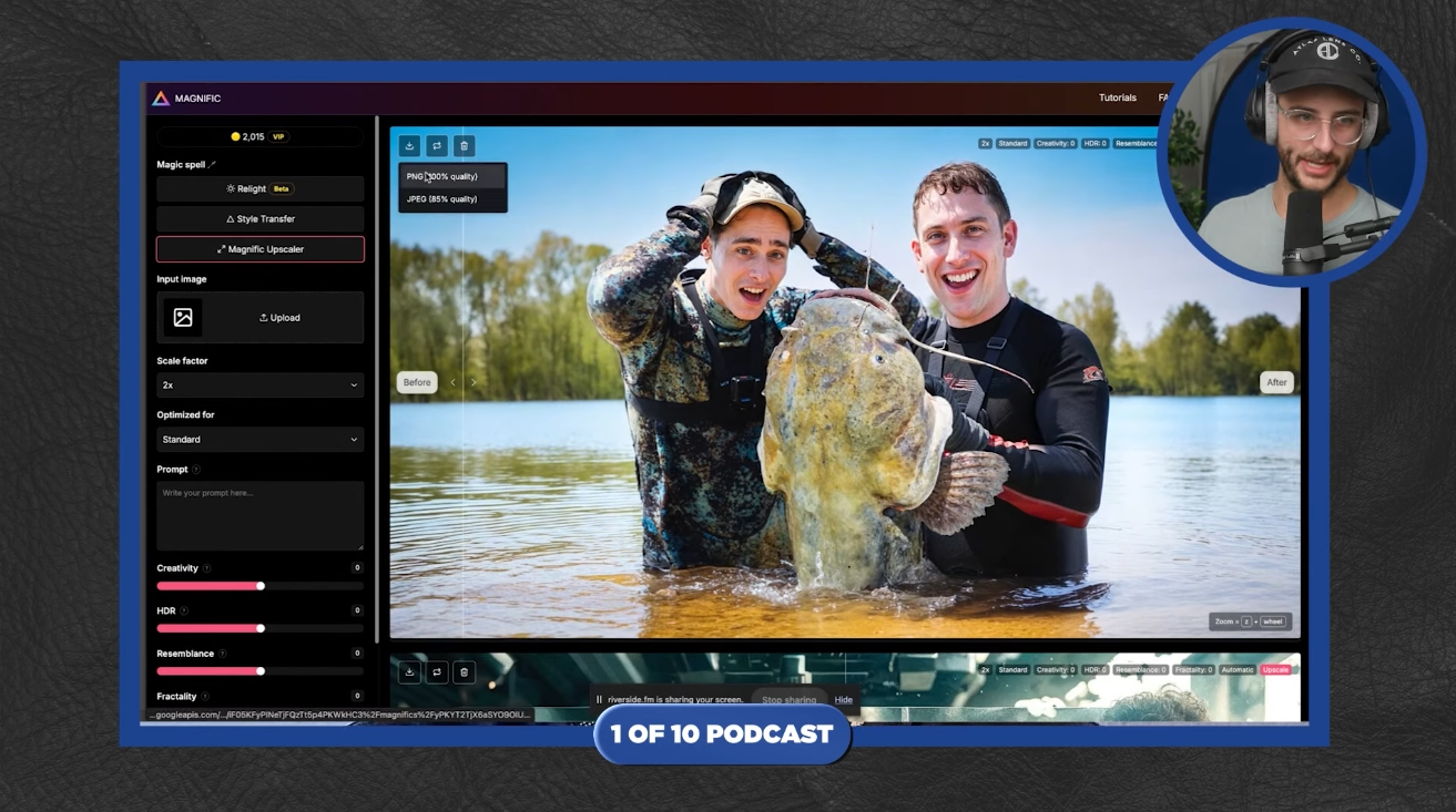 A screen capture showing a software interface with a blue frame. The main part of the screen displays an image of two young men standing in shallow water, holding a large catfish. The man on the left is wearing a camouflage wetsuit and looking surprised, while the man on the right is wearing a black wetsuit and smiling broadly. The background shows a lake or river with trees on the far bank and a partly cloudy sky. To the left of the image is a dark sidebar with various controls and options, including "Magic Spot," "Style Transfer," "Magnify Upscaler" highlighted in red, "Input Image" with an "Upload" button, "Scale Factor," "Optimized for," "Standard," and a "Prompt" field. Sliders for "Creativity," "HDR," "Resemblance," and "Fractality" are also visible. At the top right, a circular inset shows a man with glasses and a cap, wearing headphones and speaking into a microphone, suggesting he is part of a podcast. The word "Tutorials" is visible in the top right corner of the main interface. At the bottom, a banner reads "1 OF 10 PODCAST." The overall scene indicates a process of enhancing or upscaling the image of the fishermen and their catch, possibly for use in a podcast or tutorial.