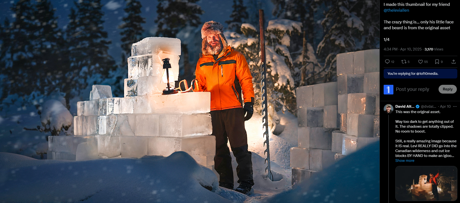 A screenshot of a Twitter post by David Altizer (@dvdaltizer). The tweet includes a thumbnail image on the left and text on the right. The thumbnail shows a man with a beard and a furry hat, wearing an orange jacket and black pants, standing in a snowy landscape at night. Behind him is a partially built structure made of large, clear ice blocks, illuminated by a warm-toned lamp placed on one of the blocks. A long, jagged ice tool leans against the structure. The background shows snow-covered ground and dark, blurry trees. Above the thumbnail, text reads "I made this thumbnail for my friend @mevalleen." Below the thumbnail, David Altizer comments, "The crazy thing is... only his face and beard is from the original asset." The tweet also includes a timestamp "4:34 PM Apr 10, 2025" and shows 3,200 views, along with standard Twitter interaction icons (retweets, likes, etc.). Another user, David Alt... (@dvdalt...), comments on the original asset being too dark and the shadows being clipped, but praises the final image as "really amazing" and mentions the effort involved in cutting ice blocks by hand. The post highlights David Altizer's thumbnail design skills and the contrast between the original and final image.