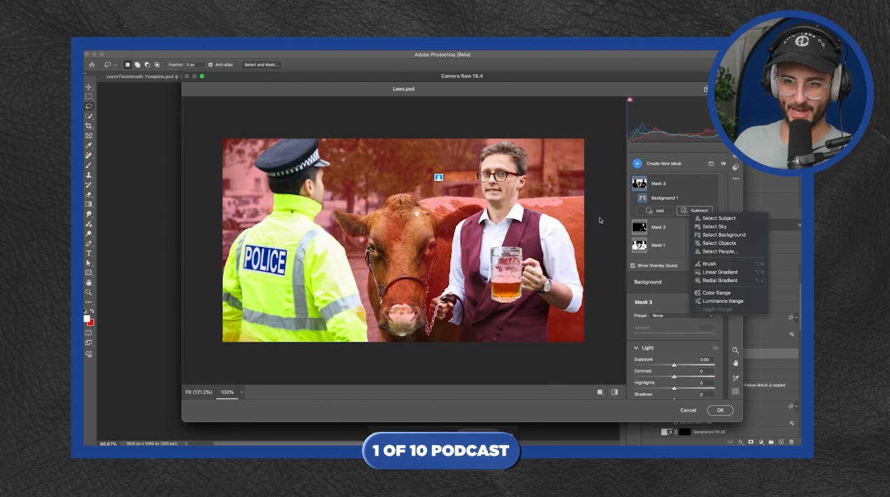 A screen capture showing the Adobe Photoshop interface with a blue frame. The central focus is on the image being edited, which is the thumbnail of Max Fosh's video featuring a police officer, a cow, and Max Fosh holding a beer. The image has a slightly desaturated or muted color palette. On the right side, a circular inset shows a man with glasses and a cap, wearing headphones and speaking into a microphone, indicating he is likely part of a podcast. Within the Photoshop interface, a "Select" dropdown menu is open, showing various selection options. The "Layers" panel is also visible on the right, along with adjustment controls for "Light," "Color," and "Details." At the bottom, a banner reads "1 OF 10 PODCAST." The overall scene suggests a live or recorded process of editing the YouTube thumbnail using Photoshop, possibly with commentary or discussion happening during the podcast.