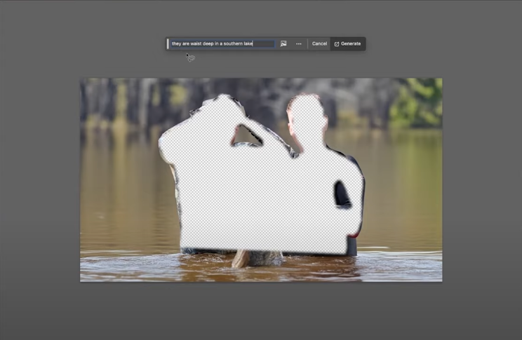 A screenshot of an image editing interface, predominantly dark gray. The central image shows two silhouetted figures standing in shallow, murky water of what appears to be a lake, with a blurred background of trees and lighter-colored water. The figures are mostly masked out with a checkered pattern, indicating a selection or area for AI-powered content generation. Above the central image is a text input box where the prompt "they are waist deep in a southern lake" has been entered. To the right of the prompt box are buttons for "Cancel" and "Generate." The interface suggests that the user is providing a text prompt to instruct an AI to fill or modify the selected area within the existing image, aiming to depict the two figures as being waist-deep in a southern lake environment.