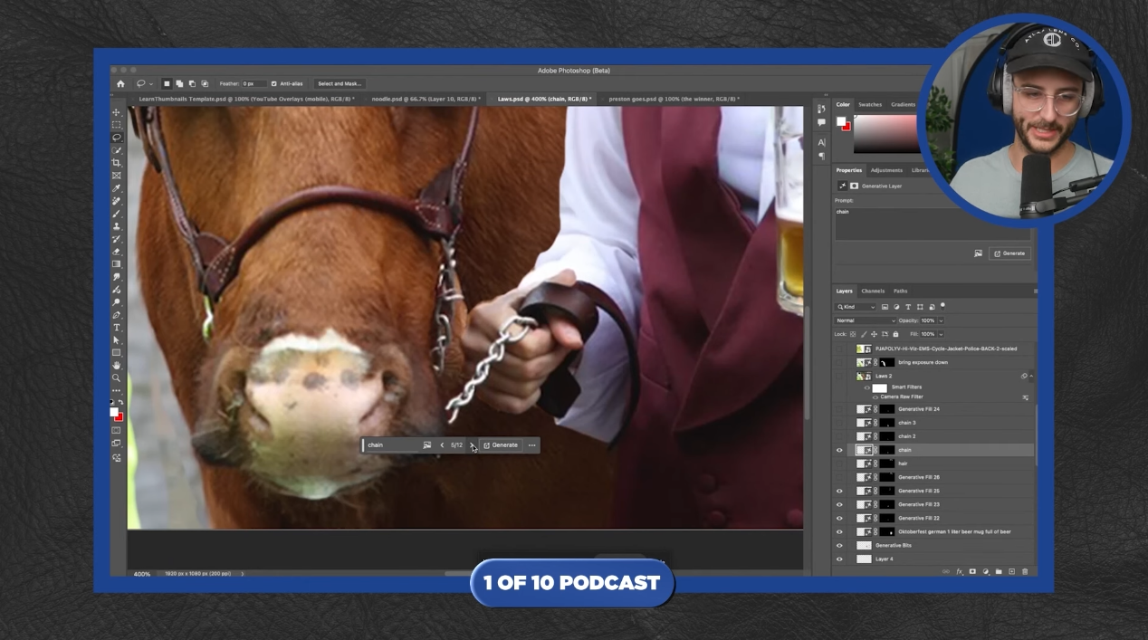 A screen capture showing the Adobe Photoshop interface with a blue frame. The central view is a zoomed-in portion of the thumbnail image featuring the brown and white cow's face, wearing a brown leather halter, and Max Fosh's hand holding a silver chain lead. His maroon vest and the frothy beer in his glass are also partially visible. On the right side, a circular inset shows a man with glasses and a cap, wearing headphones and speaking into a microphone, indicating he is likely part of a podcast. Within the Photoshop interface, the "Layers" panel is open, showing numerous layers related to the editing process of this thumbnail. A small pop-up menu with "Snap" and "Cancel" options is visible near the bottom of the zoomed-in image, suggesting an action is being performed on the image. At the bottom, a banner reads "1 OF 10 PODCAST." The zoomed-in view suggests detailed editing work is being done on specific elements of the thumbnail, possibly related to lighting, color correction, or adding effects, while being discussed or demonstrated during the podcast.