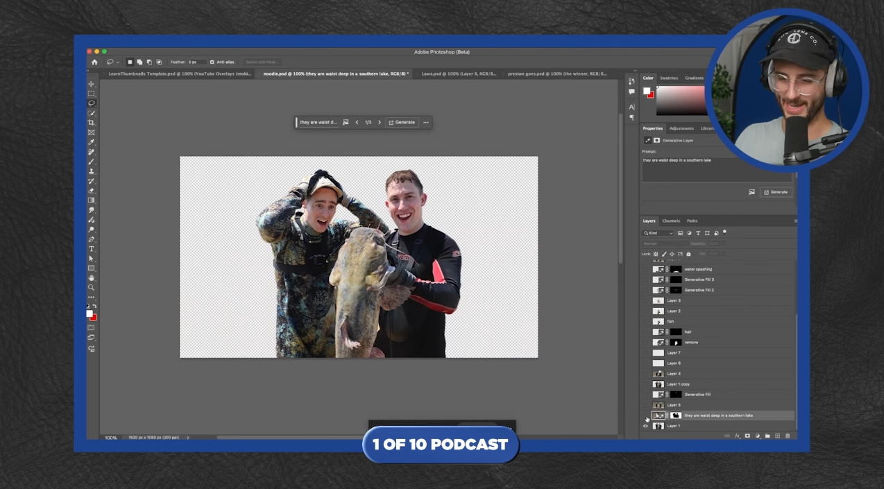 A screen capture showing the Adobe Photoshop interface with a blue frame. The central view displays an image of two young men in wetsuits holding a large, light-colored catfish. The background of the image has been completely removed, leaving a checkered pattern indicating transparency. Above the image is a text input box where the prompt "they are waist deep in a southern lake" is partially visible, suggesting the next step is to generate a new background using AI. On the right side, a circular inset shows a man with glasses and a cap, wearing headphones and speaking into a microphone, indicating he is likely part of a podcast. The "Layers" panel in Photoshop is visible on the right, showing various layers related to the editing process, including layers for masking or removing the original background. At the bottom, a banner reads "1 OF 10 PODCAST." The scene illustrates the process of isolating the main subjects of an image by removing the background, likely in preparation for further editing or compositing with a new background generated by AI based on the provided prompt.