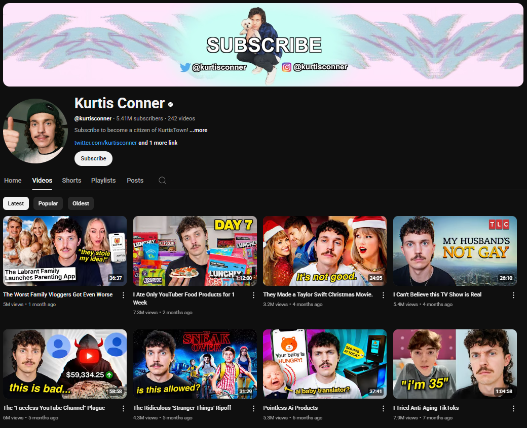 A dark-themed YouTube channel page for Kurtis Conner. The channel banner features a light blue and purple gradient with the text "SUBSCRIBE" in a handwritten style and social media handles for Twitter and Instagram. The profile picture shows Kurtis Conner giving a thumbs-up. The channel name "Kurtis Conner" is in white letters, followed by a black dot. Below is the channel username "@kurtisconner", the subscriber count (5.41 million), and the video count (242). The banner also includes the text "Subscribe to become a citizen of KurtisTown! ...more" and a link to his Twitter account, along with a "Subscribe" button. The channel page displays tabs for "Home," "Videos," "Shorts," "Playlists," "Posts," and a search icon. Below these tabs are sorting options for "Latest," "Popular," and "Oldest." The video thumbnails showcase Kurtis Conner in various comedic and often bewildered expressions, often reacting to internet culture, reality TV, and social trends, with titles like "The Labrant Family Launches Parenting App," "The Worst Family Vloggers Got Even Worse," "I Ate Only YouTuber Food Products for 1 Week," "They Made a Taylor Swift Christmas Movie: It's Not Good.," "I Can't Believe This TV Show is Real," "The 'Faceless YouTube Channel' Plague," "The Ridiculous 'Stranger Things' Ripoff," "Pointless AI Products," and "I Tried Anti-Aging TikToks."