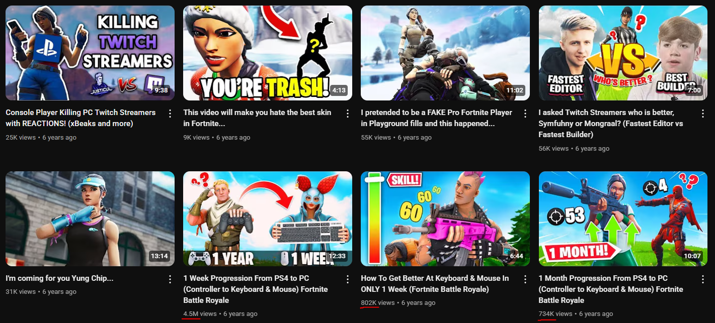 A grid of 8 YouTube video thumbnails, all appearing to be related to the game Fortnite. Many thumbnails feature cartoonish characters from the game, often engaged in action or highlighting specific skills. Several titles explicitly mention "PC," "Console," "Keyboard & Mouse," and "Controller," suggesting comparisons or tutorials related to input methods. Examples of visible titles include: "Console Player Killing PC Twitch Streamers with REACTIONS! (xBeaks and more)," "This video will make you hate the best skin in Fortnite...," "I pretended to be a FAKE PRO Fortnite Player in Playground fills and this happened...," "I asked Twitch Streamers who is better, Symfuhny or Mongraal? (Fastest Editor vs Fastest Builder)," "I'm coming for you Yung Chip...," "1 Week Progression From PS4 to PC (Controller to Keyboard & Mouse) Fortnite Battle Royale," "How To Get Better At Keyboard & Mouse In ONLY 1 WEEK (Fortnite Battle Royale)," and "1 Month Progression From PS4 to PC (Controller to Keyboard & Mouse) Fortnite Battle Royale." Some thumbnails use bold text, arrows, and comparisons (e.g., "VS") to draw attention. View counts and upload dates vary across the videos.