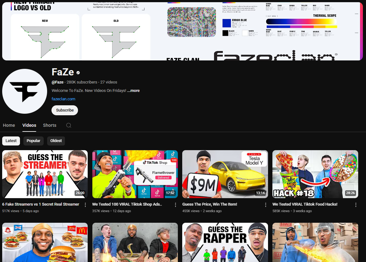 A dark-themed YouTube channel page for FaZe. The channel banner features the FaZe Clan logo and branding elements, including a comparison of their new and old logos. The profile picture is the stylized "F" logo of FaZe Clan. The channel name "FaZe" is in white letters, followed by a black dot. Below is the channel username "@FaZe", the subscriber count (280K), and the video count (27). The banner also includes the text "Welcome To FaZe. New Videos On Fridays! ...more" and a link to their website, along with a "Subscribe" button. The channel page displays tabs for "Home," "Videos," "Shorts," and a search icon. Below these tabs are sorting options for "Latest," "Popular," and "Oldest." The video thumbnails feature various members and content related to FaZe Clan, often involving challenges, collaborations, and internet culture, with titles like "6 Fake Streamers vs 1 Secret Real Streamer," "We Tested 100 VIRAL TikTok Shop Ads...," "Guess The Price, Win The Item!," and "We Tested VIRAL TikTok Food Hacks!" The view counts and upload dates vary across the videos.