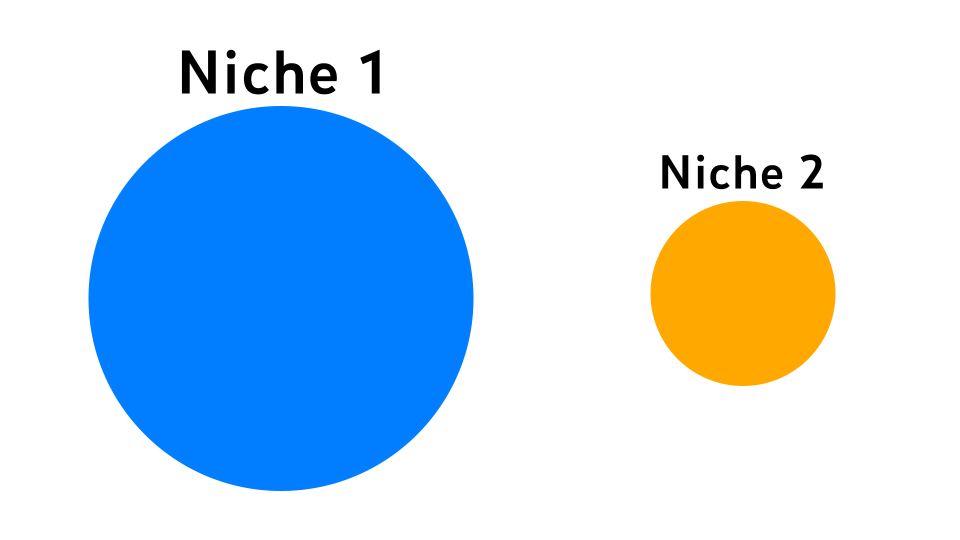 A white rectangular graphic. On the left side is a large, bright blue circle labeled "Niche 1" in black text positioned above it. To the right of the blue circle is a smaller, bright orange circle labeled "Niche 2" in black text positioned above it. The difference in the sizes of the circles visually indicates that Niche 1 has a significantly larger audience or market size compared to Niche 2.