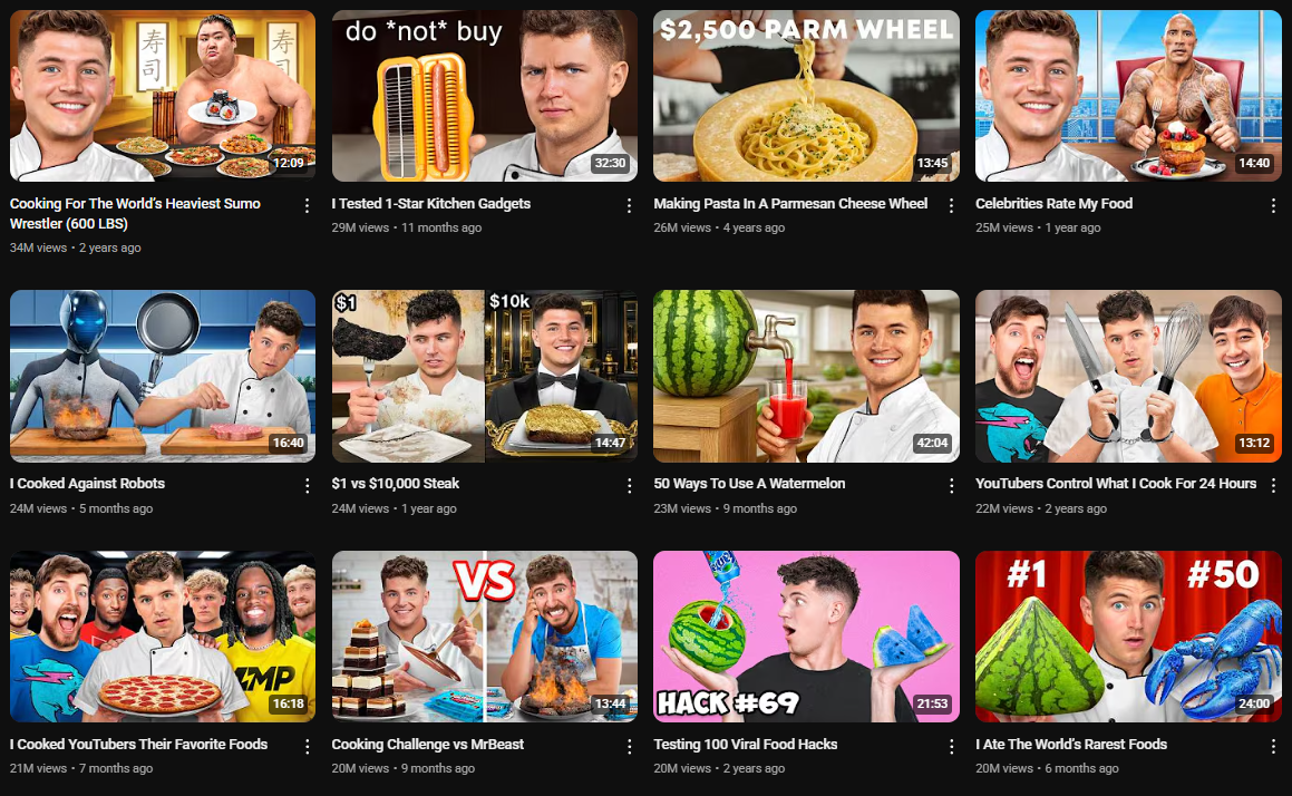 A grid of 12 YouTube video thumbnails from the channel Nick DiGiovanni. The thumbnails feature Nick DiGiovanni in various cooking scenarios and collaborations, often with eye-catching titles and visuals. Some examples include: "Cooking For The World's Heaviest Sumo Wrestler (600 LBS)," "I Tested 1-Star Kitchen Gadgets," "Making Pasta In A Parmesan Cheese Wheel," "Celebrities Rate My Food," "I Cooked Against Robots," "$1 vs $10,000 Steak," "50 Ways To Use A Watermelon," "YouTubers Control What I Cook For 24 Hours," "I Cooked YouTubers Their Favorite Foods," "Cooking Challenge vs MrBeast," "Testing 100 Viral Food Hacks," and "I Ate The World's Rarest Foods." The thumbnails often feature bold text, comparisons, and engaging visuals to attract viewers. View counts and upload dates vary across the videos. The current time context of Saturday, April 19, 2025 at 1:03 PM BST provides a reference for the "ago" timestamps.