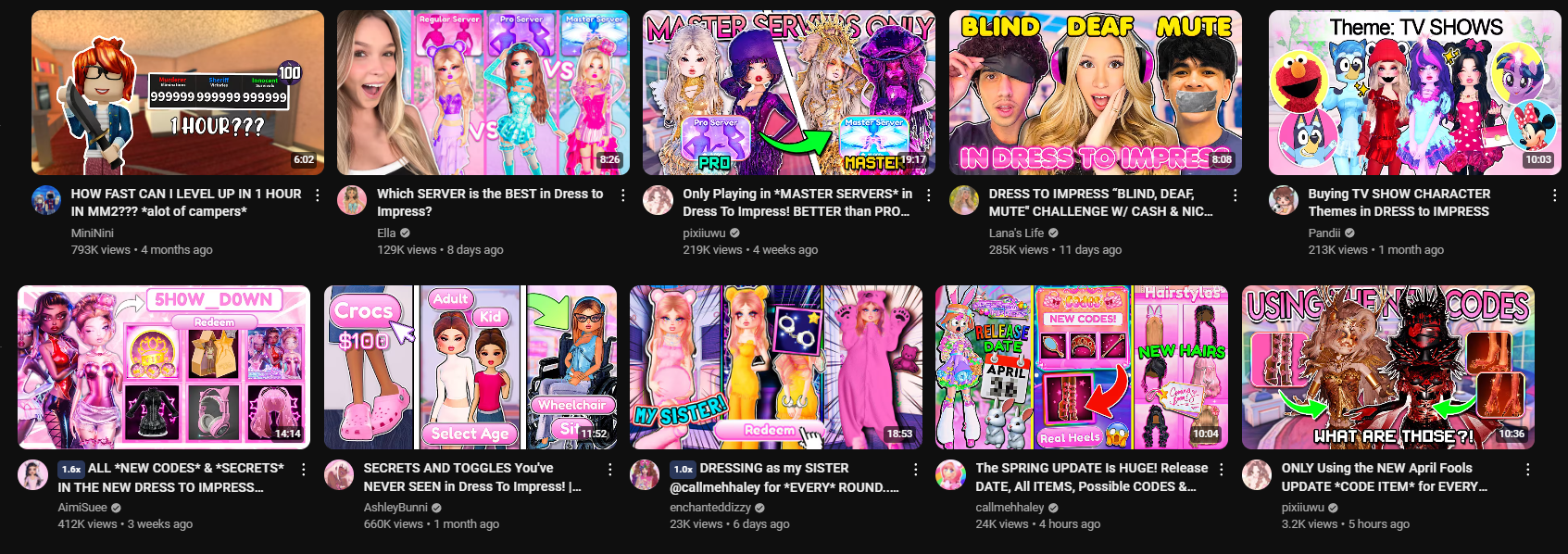 A collage of YouTube thumbnails featuring gameplay videos from "Dress to Impress," with titles like "How Fast Can I Level Up in 1 Hour?", "Which Server is the Best in Dress to Impress?", and "Only Using the New April Fools Update." The thumbnails showcase various characters in colorful, fashionable outfits and gameplay moments, each with different themes like challenges, codes, and updates.