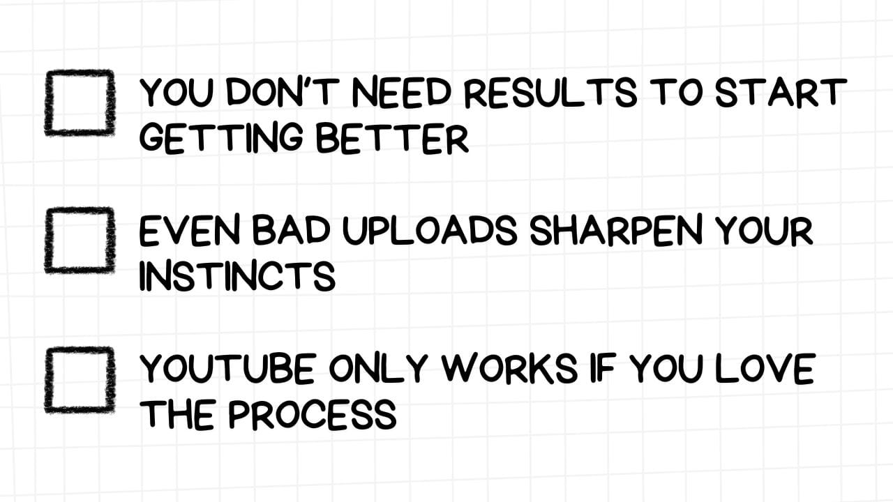 A white rectangular graphic with rounded corners and a light gray grid pattern in the background. On the left side are three empty checkboxes. To the right of each checkbox is a motivational statement about content creation, presented in bold, black text: YOU DON'T NEED RESULTS TO START GETTING BETTER EVEN BAD UPLOADS SHARPEN YOUR INSTINCTS YOUTUBE ONLY WORKS IF YOU LOVE THE PROCESS The image encourages a mindset focused on continuous improvement, learning from all experiences (even perceived failures), and intrinsic motivation derived from the creative process itself, particularly in the context of YouTube content creation.