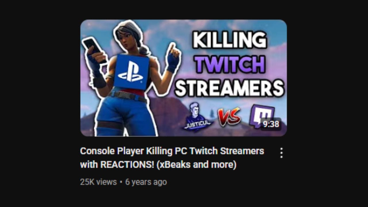 A YouTube video thumbnail featuring a cartoonish female character, likely from the game Fortnite, holding a smartphone with a PlayStation logo on its screen. The character is wearing a blue and white beanie, a blue top with a white PlayStation logo, blue pants, and gloves. Bold white text against a dark purple and green background reads "KILLING TWITCH STREAMERS." Below this, the logos for Justicul (a stylized figure with a scale) and Twitch (a purple speech bubble) are separated by a red "VS." The video duration "9:38" is visible in the bottom right corner. Below the thumbnail, the video title "Console Player Killing PC Twitch Streamers with REACTIONS! (xBeaks and more)" is in white letters. Below the title are the view count "25K views" and the upload date "6 years ago." The thumbnail suggests gameplay footage where a console player (likely the creator, Justicul) is competing against and reacting to PC Twitch streamers, possibly in a competitive game like Fortnite.
