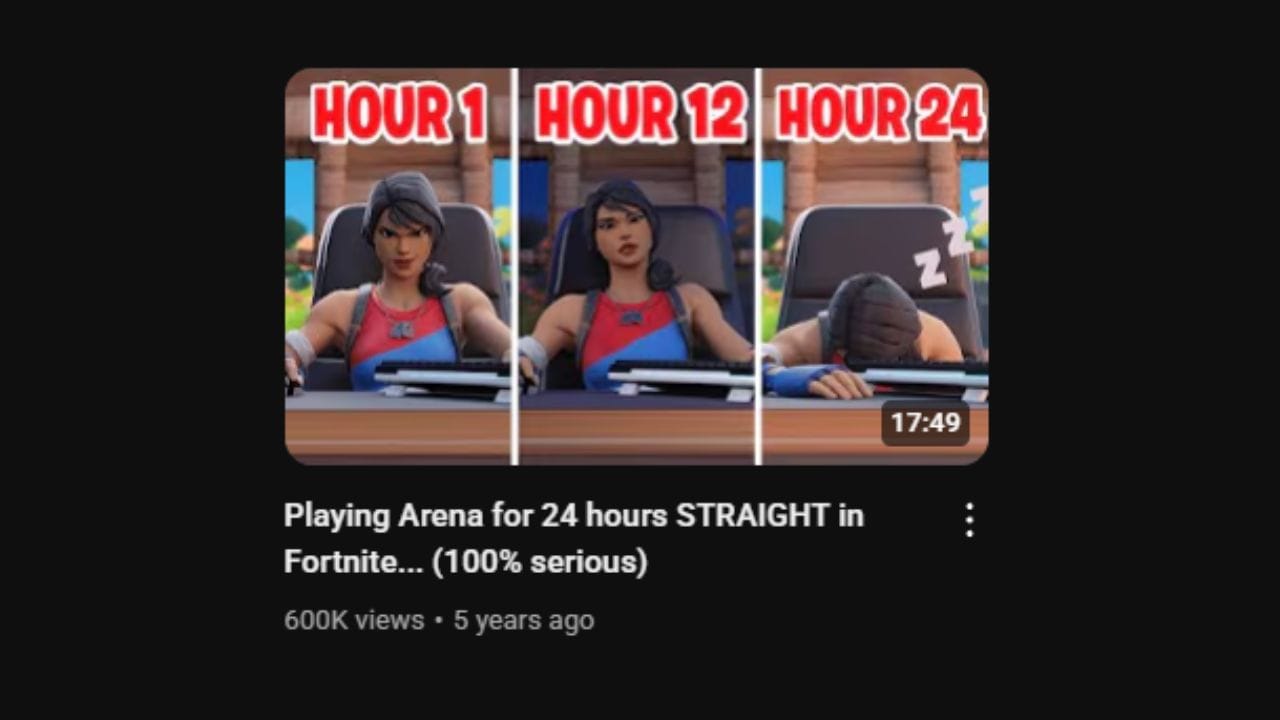 A YouTube video thumbnail divided into three vertical panels. Each panel shows the same Fortnite character, a woman with dark hair, sitting in a gaming chair in front of a keyboard and mouse. The first panel, labeled "HOUR 1," shows her looking alert and ready to play. The second panel, labeled "HOUR 12," shows her looking more tired but still focused on the screen. The third panel, labeled "HOUR 24," shows her slumped over on the desk, seemingly asleep with a "Z" thought bubble above her head. The video duration "17:49" is visible in the bottom right corner. Below the thumbnail, the video title "Playing Arena for 24 hours STRAIGHT in Fortnite... (100% serious)" is in white letters. Below the title are the view count "600K views" and the upload date "5 years ago." The thumbnail visually represents the concept of playing the game Fortnite for an extended period, showing the progression of fatigue over 24 hours.