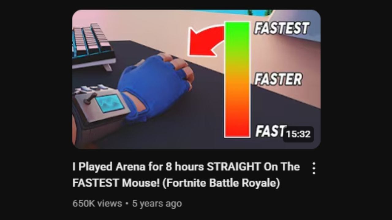 A YouTube video thumbnail featuring a close-up of a hand wearing a blue gaming glove on a computer mouse. To the left, part of a gaming keyboard is visible. Overlaid on the mouse and hand is a vertical bar with a gradient of red at the bottom, transitioning to orange, yellow, and green at the top. Next to the gradient bar are the words "FAST," "FASTER," and "FASTEST," aligning with the color gradient. A red arrow points from the "FASTEST" text towards the hand on the mouse. The video duration "15:32" is visible in the bottom right corner. Below the thumbnail, the video title "I Played Arena for 8 hours STRAIGHT On The FASTEST Mouse! (Fortnite Battle Royale)" is in white letters. Below the title are the view count "650K views" and the upload date "5 years ago." The thumbnail visually emphasizes the speed of the gaming mouse being used in the video, likely showcasing gameplay from Fortnite's Arena mode over an extended period.