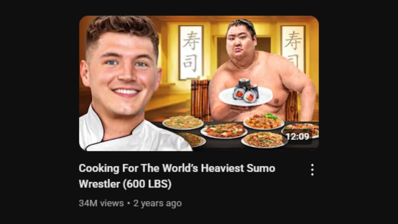 A YouTube video thumbnail featuring Nick DiGiovanni on the left, smiling and looking towards the viewer while wearing a chef's jacket. On the right, a very large sumo wrestler is seated at a table laden with various dishes, including a plate of sushi he is holding. The background suggests a Japanese restaurant setting with "sushi" written in Japanese characters on the wall. The video duration "12:09" is visible in the bottom right corner. Below the thumbnail, the video title "Cooking For The World's Heaviest Sumo Wrestler (600 LBS)" is in white letters. Below the title are the view count "34M views" and the upload date "2 years ago." The thumbnail visually conveys the central premise of the video: Nick DiGiovanni cooking a large quantity of food for an exceptionally large individual.