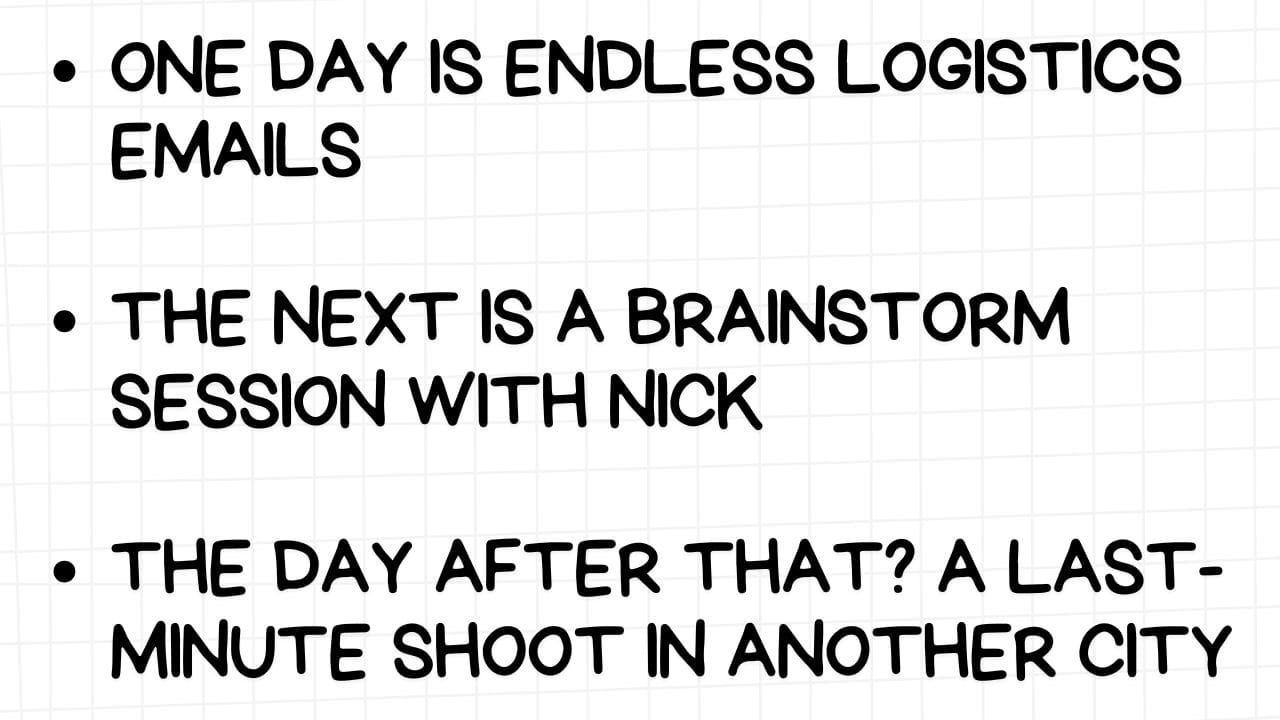 A white rectangular graphic with rounded corners and a light gray grid pattern in the background. On the left side are three bullet points, each describing a day's activities in bold, black text:  ONE DAY IS ENDLESS LOGISTICS EMAILS THE NEXT IS A BRAINSTORM SESSION WITH NICK THE DAY AFTER THAT? A LAST-MINUTE SHOOT IN ANOTHER CITY The image illustrates a workflow that involves detailed organizational tasks, creative collaboration, and spontaneous, potentially travel-intensive production work. The mention of "Nick" likely refers to Nick DiGiovanni, given the context of previous images.