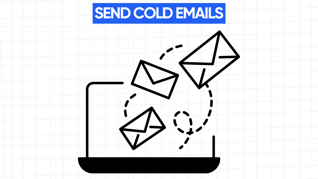A white rectangular graphic with rounded corners and a light gray grid pattern in the background. At the top is a blue banner with the text "SEND COLD EMAILS" in white letters. Below the banner is a line art illustration of a laptop computer with three stylized envelopes appearing to emerge from the screen. Dashed lines indicate the movement of the envelopes away from the laptop. The image visually represents the act of sending unsolicited emails (cold emails) for outreach purposes, likely for marketing or business development.