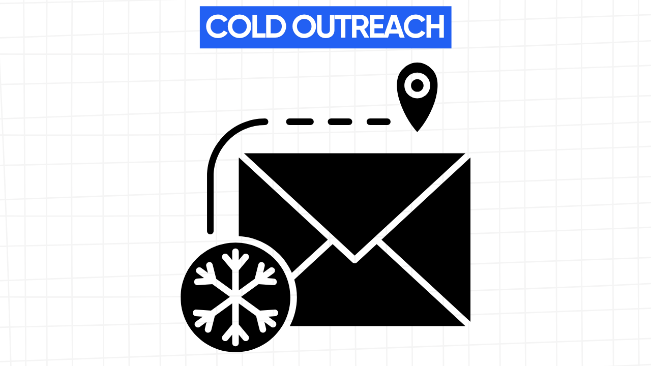 A white rectangular graphic with rounded corners and a light gray grid pattern in the background. At the top is a blue banner with the text "COLD OUTREACH" in white letters. Below the banner is a black silhouette of a sealed envelope. Attached to the envelope is a circular icon containing a snowflake symbol, connected by a curved line. Above and slightly to the right of the envelope is a location pin icon, connected to the envelope by a dashed line. The snowflake symbolizes "cold," and the envelope being sent towards a location pin represents the act of reaching out to an unknown contact or entity.