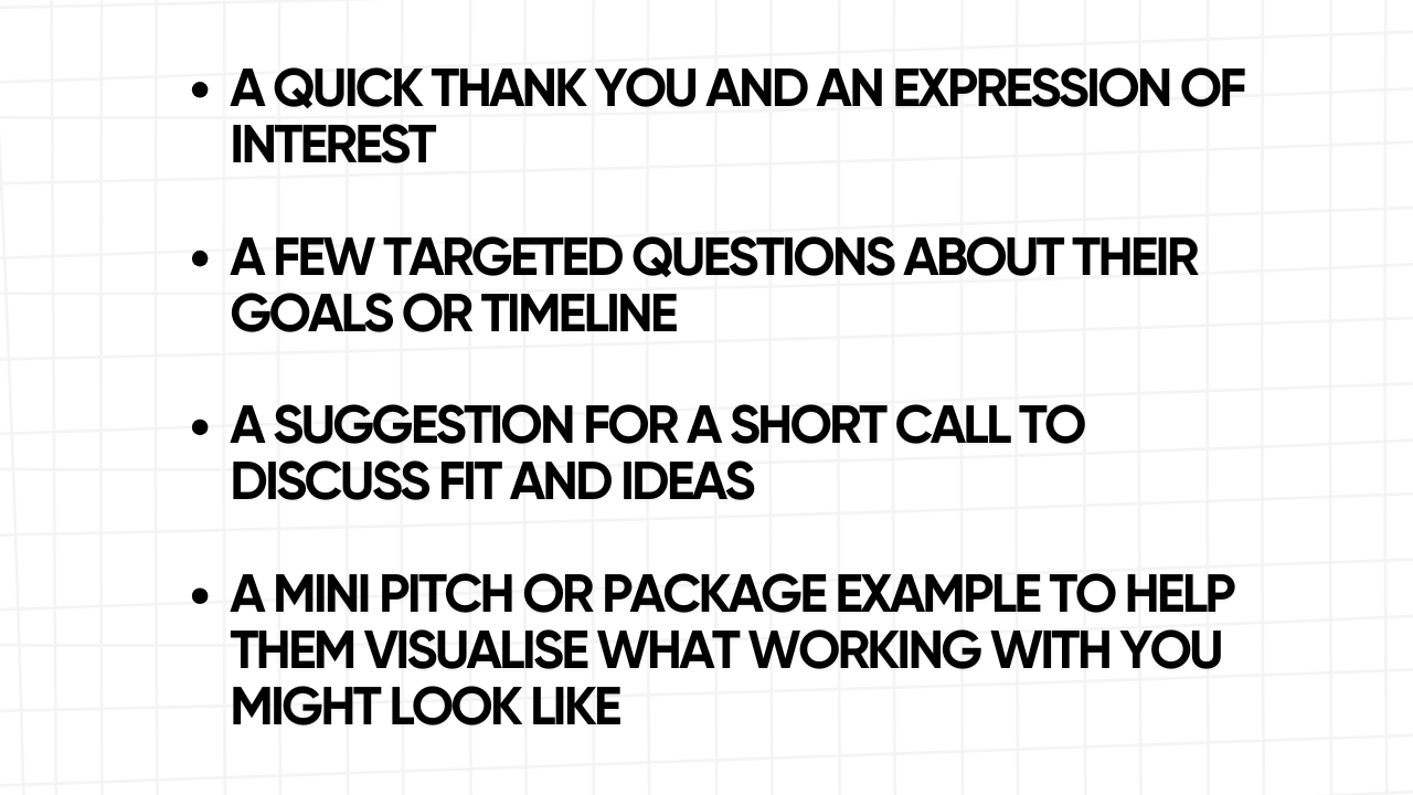 A white rectangular graphic with rounded corners and a light gray grid pattern in the background. The graphic contains a bulleted list of four key elements for a follow-up message, presented in bold, black text: A QUICK THANK YOU AND AN EXPRESSION OF INTEREST A FEW TARGETED QUESTIONS ABOUT THEIR GOALS OR TIMELINE A SUGGESTION FOR A SHORT CALL TO DISCUSS FIT AND IDEAS A MINI PITCH OR PACKAGE EXAMPLE TO HELP THEM VISUALISE WHAT WORKING WITH YOU MIGHT LOOK LIKE