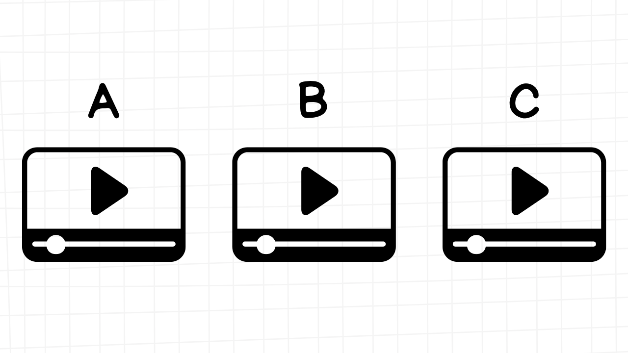 A white rectangular graphic with rounded corners and a light gray grid pattern in the background. Across the top are three large, black capital letters: "A" on the left, "B" in the center, and "C" on the right. Below each letter is a black line art illustration of a video player. Each player has a rectangular screen with a right-pointing triangle (the play button) inside. Below the screen is a horizontal bar representing the progress bar, with a circular handle indicating the current playback position.  Player A: The handle on the progress bar is positioned at the far left, indicating the beginning of the video. Player B: The handle on the progress bar is positioned in the center, indicating the video is halfway through. Player C: The handle on the progress bar is positioned near the far right, indicating the video is nearing its end. The image presents three different states of a video player, likely for illustrative or comparative purposes.