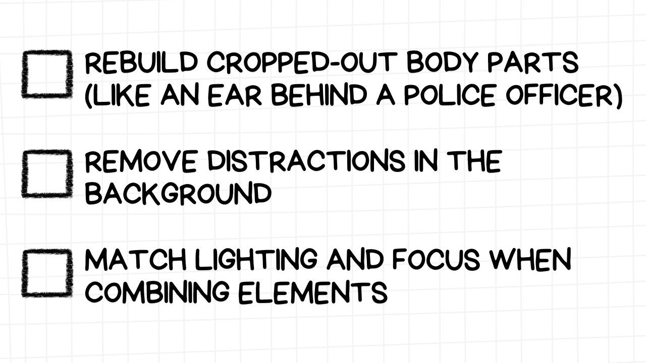 A white rectangular graphic with rounded corners and a light gray grid pattern in the background. On the left side are three empty checkboxes. To the right of each checkbox is a description of a post-production editing task in bold, black text:  REBUILD CROPPED-OUT BODY PARTS (LIKE AN EAR BEHIND A POLICE OFFICER) REMOVE DISTRACTIONS IN THE BACKGROUND MATCH LIGHTING AND FOCUS WHEN COMBINING ELEMENTS The image highlights specific editing techniques that can improve the quality and visual appeal of images or videos by addressing issues like incomplete elements, unwanted background details, and inconsistencies in lighting and focus when combining different visual components.