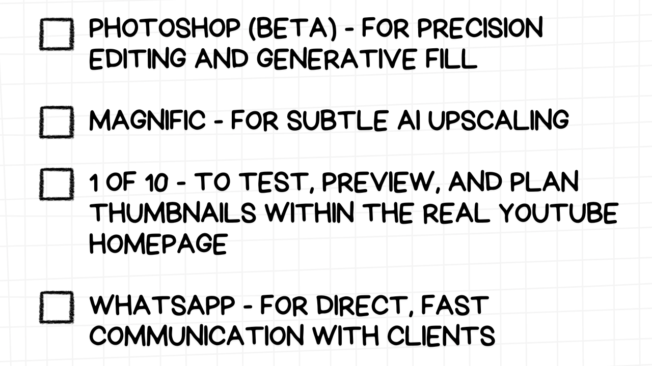 A white rectangular graphic with rounded corners and a light gray grid pattern in the background. On the left side are four empty checkboxes. To the right of each checkbox is a recommended software or tool and its purpose in the thumbnail design workflow, presented in bold, black text:  PHOTOSHOP (BETA) - FOR PRECISION EDITING AND GENERATIVE FILL MAGNIFIC - FOR SUBTLE AI UPSCALING 1 OF 10 - TO TEST, PREVIEW, AND PLAN THUMBNAILS WITHIN THE REAL YOUTUBE HOMEPAGE WHATSAPP - FOR DIRECT, FAST COMMUNICATION WITH CLIENTS The image suggests a modern workflow that leverages advanced editing software (Photoshop Beta with generative AI), AI upscaling tools (Magnific), a specific tool for YouTube thumbnail testing ("1 of 10"), and instant messaging for client communication (WhatsApp).