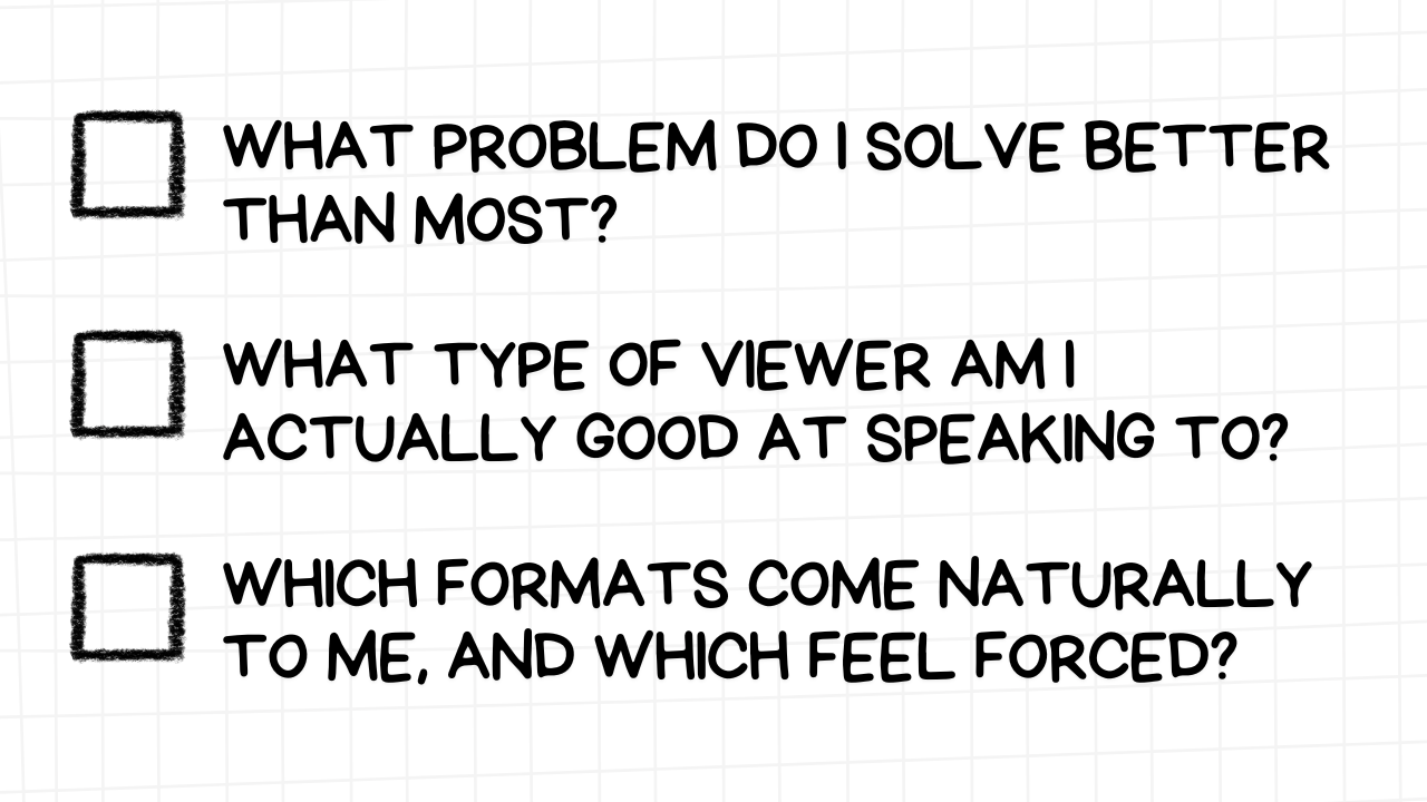 A white rectangular graphic with rounded corners and a light gray grid pattern in the background. On the left side are three empty checkboxes. To the right of each checkbox is an introspective question for content creators, presented in bold, black text:  WHAT PROBLEM DO I SOLVE BETTER THAN MOST? WHAT TYPE OF VIEWER AM I ACTUALLY GOOD AT SPEAKING TO? WHICH FORMATS COME NATURALLY TO ME, AND WHICH FEEL FORCED? The image encourages content creators to reflect on their unique value proposition, their ideal audience, and the content formats that align with their natural abilities.