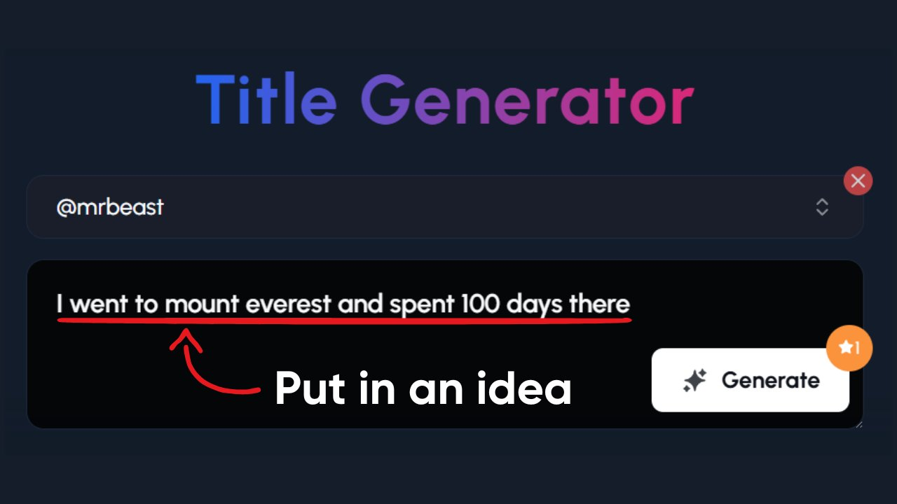 A dark-themed interface for a "Title Generator." At the top left, it indicates "@mrbeast" as the channel context. Below this is a black rectangular input field where the user has typed "I went to mount everest and spent 100 days there." The text "Put in an idea" is written below the input field with a curved red arrow pointing towards the typed text. To the right of the input field is a white "Generate" button with a star icon. In the top right corner, there is a red "X" icon to close the tool and an icon with two opposing arrows. The interface is designed for a user to input their video concept and then click "Generate" to receive title suggestions, likely optimized for click-through rates and virality, possibly drawing inspiration from existing successful titles.