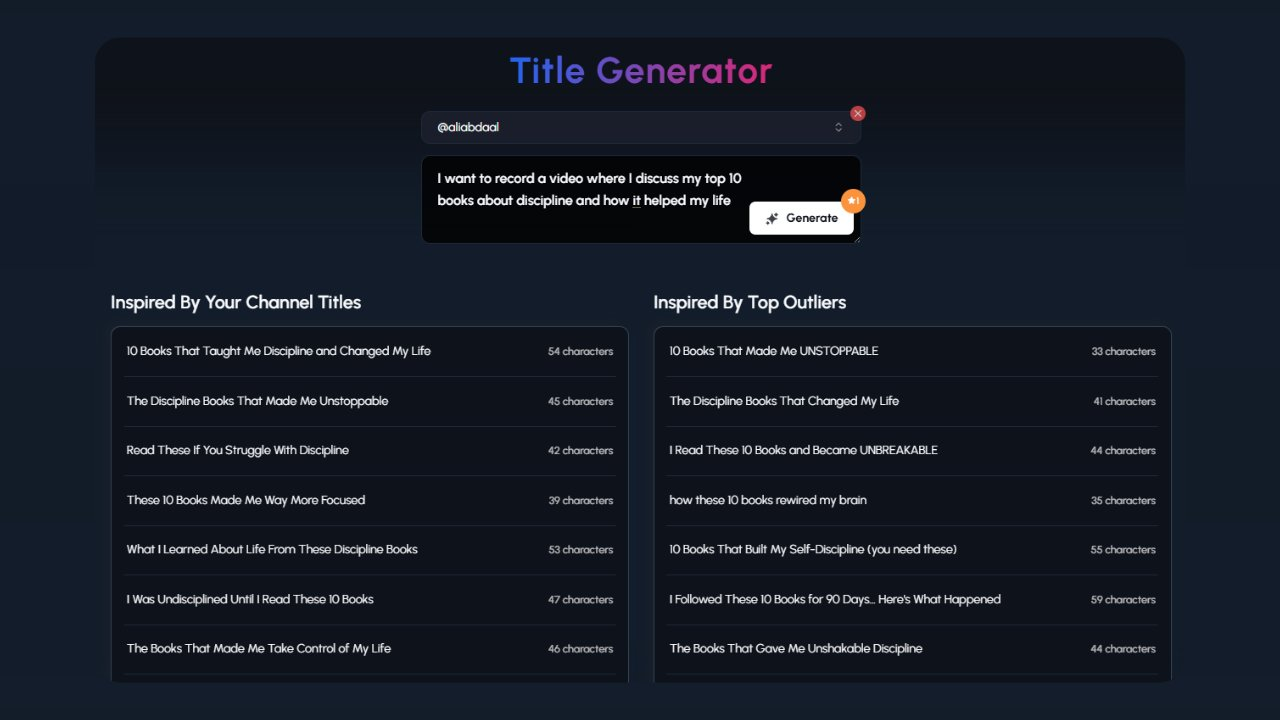 A dark-themed interface for a "Title Generator." At the top left, it indicates "@olalabadiei" as the channel being analyzed. Below this is a text input field where the user has typed "I want to record a video where I discuss my top 10 books about discipline and how it helped my life." To the right is a "Generate" button with a cursor hovering over it. Below, the results are divided into "Inspired By Your Channel Titles" on the left and "Inspired By Top Outliers" on the right. Under "Inspired By Your Channel Titles" are examples like "10 Books That Taught Me Discipline and Changed My Life," "The Discipline Books That Made Me Unstoppable," "Read These If You Struggle With Discipline," and others, along with their character counts. Under "Inspired By Top Outliers" are generated title suggestions such as "10 Books That Made Me UNSTOPPABLE," "The Discipline Books That Changed My Life," "I Read These 10 Books and Became UNBREAKABLE," "how these 10 books rewired my brain," "10 Books That Built My Self-Discipline (you need these)," "I Followed These 10 Books for 90 Days...Here's What Happened," and "The Books That Gave Me Unshakable Discipline," also with character counts. The tool provides title options drawing from the specified channel's past titles and popular titles from other channels related to self-improvement and the impact of books.