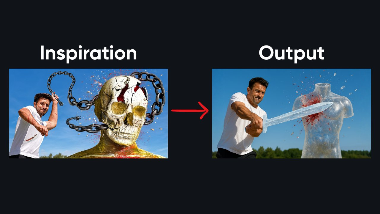 A dark gray background with two images side-by-side, connected by a red arrow pointing from left to right. The image on the left is labeled "Inspiration" above it. It depicts a man struggling to break free from heavy chains wrapped around a large, cracked skull. The skull has a menacing expression and appears to be emerging from the ground. There are also insects flying around the man. The image on the right is labeled "Output" above it. It shows the same man forcefully thrusting a large, icy sword into a translucent, humanoid ice sculpture, causing cracks and a splatter effect resembling blood or shattered ice. The background in both images shows a blue sky and a grassy landscape. The image visually illustrates how a concept involving struggle and breaking free (the inspiration) might be translated into a more direct and violent visual for a thumbnail (the output).