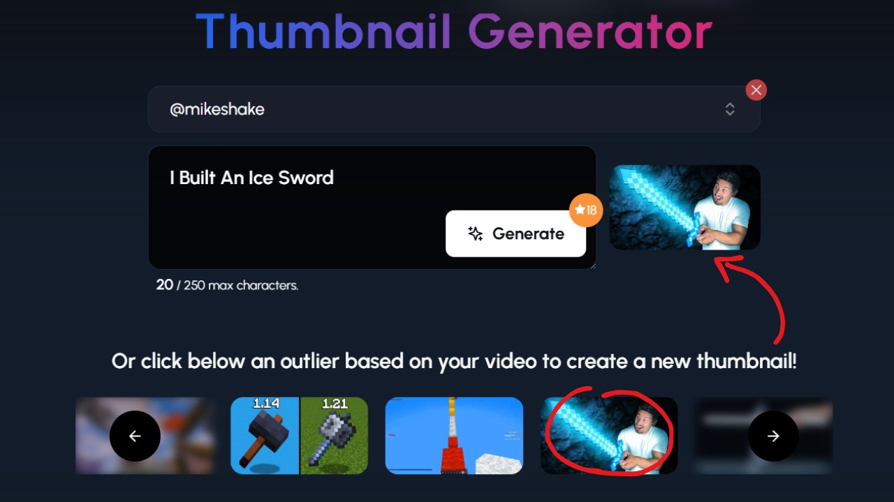 A dark-themed interface for a "Thumbnail Generator." At the top, the text "Thumbnail Generator" is prominently displayed. Below this, at the top left, "@mikeshake" is visible. Below this is a black rectangular input field containing the text "I Built An Ice Sword." To the right of the input field is a white "Generate" button with a star icon and the number "18" next to it. To the right of the "Generate" button, a generated thumbnail is shown, featuring a man holding a glowing blue sword that resembles ice. A red curved arrow points from the "Generate" button towards this thumbnail. Below the input area, the text "Or click below an outlier based on your video to create a new thumbnail!" is displayed. Below this text are five thumbnail previews in a horizontal row. The first and last thumbnails have left and right arrow overlays, suggesting they are part of a scrollable carousel. The middle three thumbnails show different images: one with Minecraft tools (a pickaxe and a hammer), one with a rocket launch, and the fourth one is circled in red and shows the same man with the glowing blue ice sword as the initially generated thumbnail. This interface allows the user to generate a thumbnail based on their input and then explore variations based on "outliers," likely referring to popular or effective thumbnail styles.
