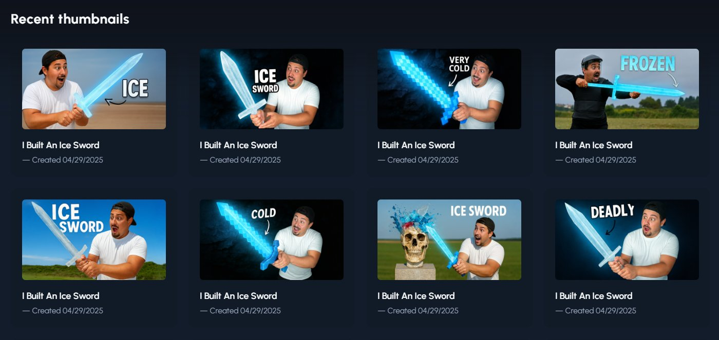 A dark-themed interface displaying eight recent thumbnails. Each thumbnail features a man holding a glowing blue sword, presumably the "ice sword" mentioned in the video title displayed below each image. The man's expressions and the visual effects on the sword and surrounding elements vary across the thumbnails. Some thumbnails include text overlays such as "ICE," "ICE SWORD," "VERY COLD," "FROZEN," "COLD," and "DEADLY," likely added to enhance clickability. The backgrounds also differ slightly, ranging from outdoor scenes to more abstract or digitally altered environments. Below each thumbnail is the video title "I Built An Ice Sword" and the creation date "Created 04/29/2025." This section allows the user to review and potentially select from their recently generated thumbnail options.
