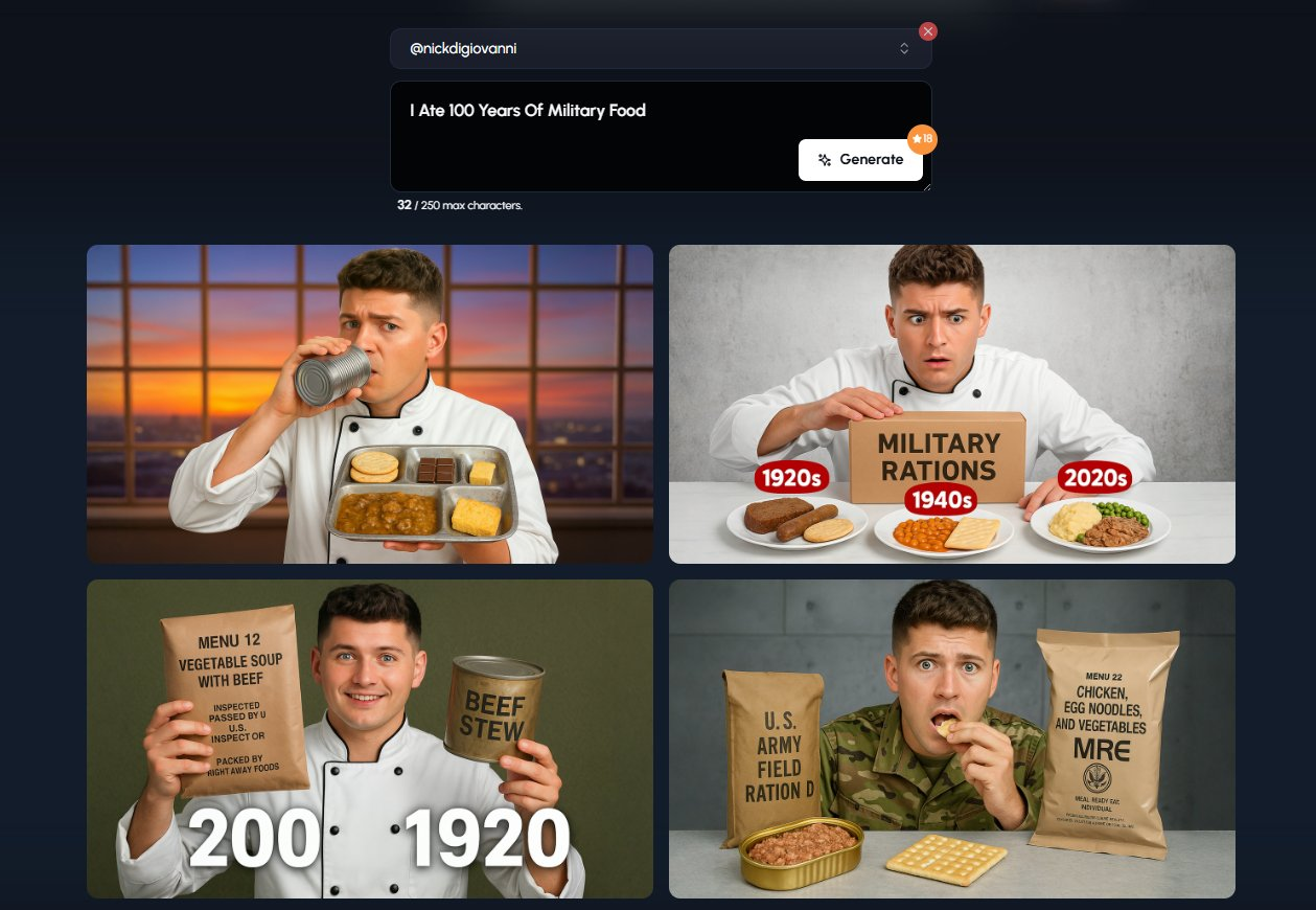 A dark-themed interface for a "Thumbnail Generator." At the top left, "@nickdigiovanni" is visible. Below this is a text input field containing "I Ate 100 Years Of Military Food." To the right is a "Generate" button with a cursor hovering over it. Below the input field, four distinct thumbnail concepts are displayed: Nick DiGiovanni in a chef's coat, looking surprised while drinking from a can and holding a tray with various military ration components. The background suggests a military setting. Nick DiGiovanni in a chef's coat, looking shocked while holding a sign that says "MILITARY RATIONS" with arrows pointing to plates of food labeled "1920s," "1940s," and "2020s." Nick DiGiovanni in a chef's coat, smiling and holding a "MENU 12 VEGETABLE SOUP WITH BEEF" ration packet and a can of "BEEF STEW." Text overlays indicate "200..." and "1920." Nick DiGiovanni in a military uniform, looking surprised while holding a cracker and with open "U.S. ARMY FIELD RATION D" and "MENU 52 CHICKEN, EGG NOODLES, AND VEGETABLES MRE" ration packets on the table in front of him. The generated thumbnails aim to visually represent the concept of tasting military rations from different eras, using Nick DiGiovanni's reactions and the presentation of the food items and packaging to engage viewers.