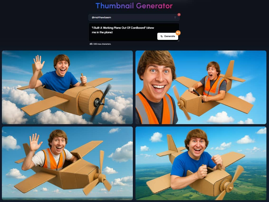 A dark-themed interface for a "Thumbnail Generator." At the top left, "@nickdigiovanni" is visible. Below this is a text input field containing "I Ate 100 Years Of Military Food." To the right is a "Generate" button with a cursor hovering over it. Below the input field, four distinct thumbnail concepts are displayed: Nick DiGiovanni in a chef's coat, looking surprised while drinking from a can and holding a tray with various military ration components. The background suggests a military setting. Nick DiGiovanni in a chef's coat, looking shocked while holding a sign that says "MILITARY RATIONS" with arrows pointing to plates of food labeled "1920s," "1940s," and "2020s." Nick DiGiovanni in a chef's coat, smiling and holding a "MENU 12 VEGETABLE SOUP WITH BEEF" ration packet and a can of "BEEF STEW." Text overlays indicate "200..." and "1920." Nick DiGiovanni in a military uniform, looking surprised while holding a cracker and with open "U.S. ARMY FIELD RATION D" and "MENU 52 CHICKEN, EGG NOODLES, AND VEGETABLES MRE" ration packets on the table in front of him. The generated thumbnails aim to visually represent the concept of tasting military rations from different eras, using Nick DiGiovanni's reactions and the presentation of the food items and packaging to engage viewers.