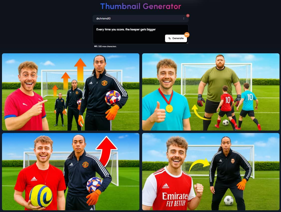A dark-themed interface for a "Thumbnail Generator." At the top left, "@nickdigiovanni" is visible. Below this is a text input field containing "I Ate 100 Years Of Military Food." To the right is a "Generate" button with a cursor hovering over it. Below the input field, four distinct thumbnail concepts are displayed: Nick DiGiovanni in a chef's coat, looking surprised while drinking from a can and holding a tray with various military ration components. The background suggests a military setting. Nick DiGiovanni in a chef's coat, looking shocked while holding a sign that says "MILITARY RATIONS" with arrows pointing to plates of food labeled "1920s," "1940s," and "2020s." Nick DiGiovanni in a chef's coat, smiling and holding a "MENU 12 VEGETABLE SOUP WITH BEEF" ration packet and a can of "BEEF STEW." Text overlays indicate "200..." and "1920." Nick DiGiovanni in a military uniform, looking surprised while holding a cracker and with open "U.S. ARMY FIELD RATION D" and "MENU 52 CHICKEN, EGG NOODLES, AND VEGETABLES MRE" ration packets on the table in front of him. The generated thumbnails aim to visually represent the concept of tasting military rations from different eras, using Nick DiGiovanni's reactions and the presentation of the food items and packaging to engage viewers.