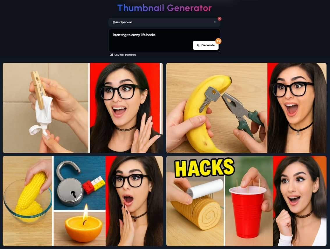 A dark-themed interface for a "Thumbnail Generator." At the top left, "@sssniperwolf" is visible. Below this is a text input field containing "Reacting to crazy life hacks." To the right is a "Generate" button with a cursor hovering over it. Below the input field, four distinct thumbnail concepts are displayed, each split into two panels: one showing a "crazy life hack" in action and the other showing Sssniperwolf reacting with a shocked or surprised expression. A clothespin being used to dispense toothpaste, paired with Sssniperwolf with wide eyes and an open mouth. Keys being inserted into a banana using pliers, paired with Sssniperwolf with a similar shocked expression. Corn kernels being removed from a cob using a padlock, and an orange peel being used as a candle, paired with Sssniperwolf with her hand to her mouth in surprise. A toilet paper roll being used to catch drips from a red plastic cup with a hole, and the text "HACKS" overlaid, paired with Sssniperwolf looking astonished. The generated thumbnails use exaggerated reactions and bizarre life hack visuals to grab attention and entice viewers to watch the reaction video.