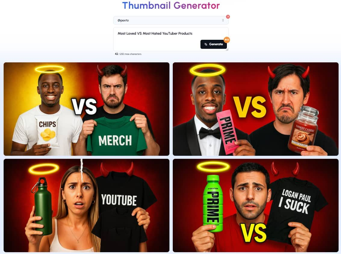 A dark-themed interface for a "Thumbnail Generator." At the top left, "@pewdiepie" is visible. Below this is a text input field containing "Most Loved VS Most Hated YouTuber Products." To the right is a "Generate" button with a cursor hovering over it. Below the input field, four distinct thumbnail concepts are displayed, each featuring two individuals positioned against a red background with a large "VS" in the center. One person in each thumbnail is depicted with a halo above their head, suggesting a "loved" product, while the other has red devil horns, indicating a "hated" product. A Black creator with a halo holds a white t-shirt with "CHIPS" written on it, facing a White creator with devil horns holding a green t-shirt with "MERCH" written on it. A Black creator with a halo holds a pink bottle of "PRIME" drink, facing a White creator with devil horns holding a "Yankee Candle" candle. A White female creator with a halo holds a green water bottle, looking surprised next to a Black t-shirt with "YOUTUBE" written on it. A White male creator with a halo holds a green bottle of "PRIME" drink, looking concerned next to a Black t-shirt with "LOGAN PAUL I SUCK" written on it. The generated thumbnails use contrasting imagery (halos vs. horns) and recognizable YouTuber-related products to visually represent the "loved vs. hated" concept and likely pique the interest of PewDiePie's audience.