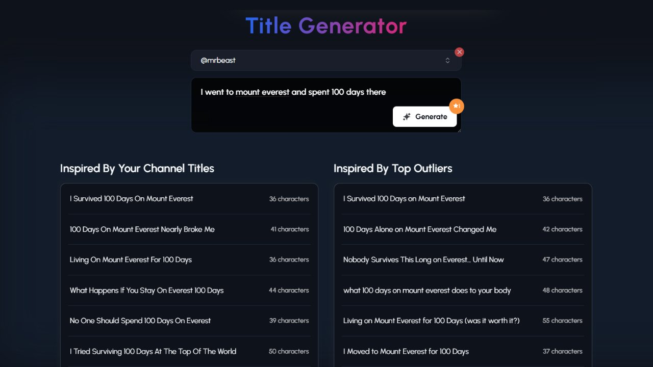 A dark-themed interface for a "Title Generator." At the top, it indicates "@mrbeast" as the channel being analyzed. Below is the input field containing "I went to mount everest and spent 100 days there," and a "Generate" button with a cursor hovering over it. The results are divided into two sections: "Inspired By Your Channel Titles" on the left and "Inspired By Top Outliers" on the right. Under "Inspired By Your Channel Titles" are several examples of potential titles in MrBeast's style, such as "I Survived 100 Days On Mount Everest," "100 Days On Mount Everest Nearly Broke Me," "Living On Mount Everest For 100 Days," "What Happens If You Stay On Everest 100 Days," "No One Should Spend 100 Days On Everest," and "I Tried Surviving 100 Days At The Top Of The World," each accompanied by its character count. Under "Inspired By Top Outliers" are generated title suggestions inspired by high-performing videos outside of MrBeast's channel, such as "I Survived 100 Days on Mount Everest," "100 Days Alone on Mount Everest Changed Me," "Nobody Survives This Long on Everest, Until Now," "what 100 days on mount everest does to your body," "Living on Mount Everest for 100 Days (was it worth it?)," and "I Moved to Mount Everest for 100 Days," also with their character counts. The tool provides a range of title options, drawing inspiration from both the specific channel's past successes and broader viral trends.